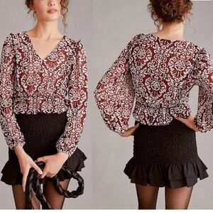 Anthropologie Burgundy and White Floral Sheer Burnout Jacquard Blouse